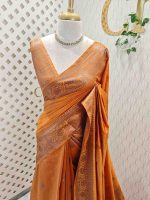 Semi tussar banarasi with detailed floral motifs woven in gold zari - Image 46