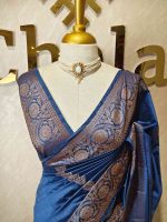 Semi tussar banarasi with detailed floral motifs woven in gold zari - Image 16