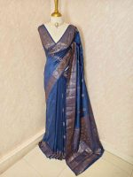 Semi tussar banarasi with detailed floral motifs woven in gold zari - Image 18