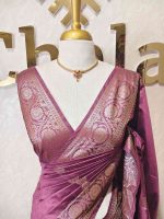 Semi tussar banarasi with detailed floral motifs woven in gold zari - Image 19