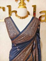 Semi tussar banarasi with intricate floral and leaf motifs on boarder - Image 13