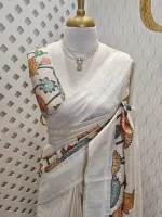 Semi tussar with multi coloured lotus on the pallu side