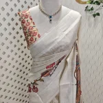 Semi tussar silk saree with traditional motifs particularly peacocks and floral patterns