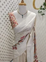 Semi tussar silk saree with traditional motifs particularly peacocks and floral patterns