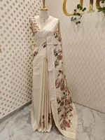 Semi tussar silk with large flowers and leafs motifs on the pallu and has plain body - Image 3