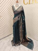 Tussar banarasi with triangle shaped buttas and zigzag pattern on border - Image 6