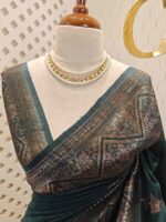 Tussar banarasi with triangle shaped buttas and zigzag pattern on border - Image 5