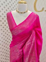 Tussar banarasi with tree like buttas and floral pattern on border - Image 4