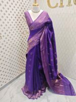 Tussar banarasi with big floral veiny designs on border and tree like buttas - Image 6