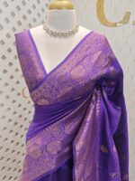 Tussar banarasi with big floral veiny designs on border and tree like buttas - Image 4