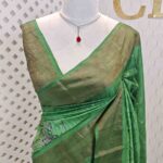 Tussar silk with big floral plant digital print, golden zari work and sequence work