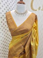 Tussar silk with big floral plant digital print, golden zari work and sequence work - Image 4