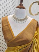 Tussar silk with big floral plant digital print, golden zari work and sequence work - Image 5