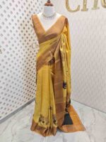 Tussar silk with big floral plant digital print, golden zari work and sequence work - Image 6