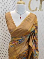 Tussar silk with kalamkaari digital print and golden zari work
