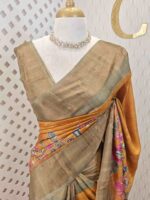 Tussar silk with floral and peacock kalamkaari digital print and golden zari work
