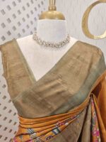 Tussar silk with floral and peacock kalamkaari digital print and golden zari work - Image 2