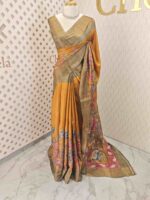 Tussar silk with floral and peacock kalamkaari digital print and golden zari work - Image 3