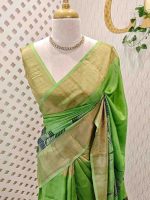 Tussar silk with green, blue flowing lines highlighted with golden metalic thread work