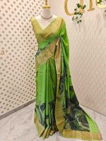 Tussar silk with green, blue flowing lines highlighted with golden metalic thread work - Image 3
