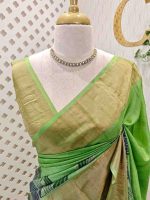 Tussar silk with green, blue flowing lines highlighted with golden metalic thread work - Image 2