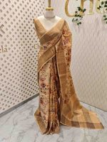 Tussar silk with different floral and leafy digital print with golden zari highlighting - Image 3