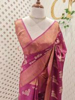 Tussar silk with leafs buti digital print motif and gold zari work