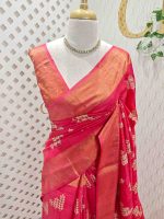 Tussar silk with leafs buti digital print motif and gold zari work - Image 4