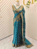 Tussar silk with vine, leafy print and golden zari work - Image 12