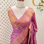 Tussar silk with vine, leafy print and golden zari work