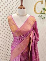 Tussar silk with vine, leafy print and golden zari work