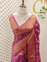 Tussar silk with vine, leafy print and golden zari work - Image 4