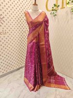 Tussar silk with vine, leafy print and golden zari work - Image 6