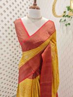 Tussar silk with dotted floral and leafy digital print and sequence, golden zari work - Image 3
