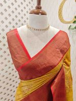 Tussar silk with dotted floral and leafy digital print and sequence, golden zari work - Image 4