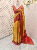 Tussar silk with dotted floral and leafy digital print and sequence, golden zari work - Image 5