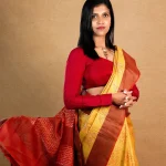 Tussar silk with dotted floral and leafy digital print and sequence, golden zari work