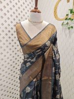 Tussar silk with random floral digital print and golden zari highlighting - Image 4