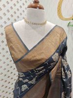 Tussar silk with random floral digital print and golden zari highlighting - Image 5