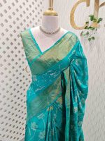 Tussar silk with random floral digital print and golden zari highlighting - Image 10