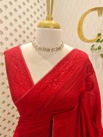 Chandheri with flower, leafy chicken kaari motif and crochet like pattern on border and pallu - Image 20