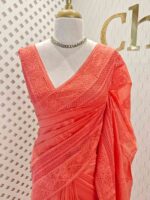 Chandheri with flower, leafy chicken kaari motif and crochet like pattern on border and pallu - Image 4