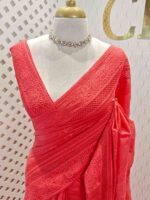 Chandheri with flower, leafy chicken kaari motif and crochet like pattern on border and pallu - Image 7