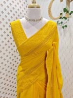 Chandheri with flower, leafy chicken kaari motif and crochet like pattern on border and pallu - Image 34