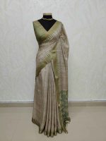 Jute silk saree with lines on the body portion and with contrast side boarder - Image 6
