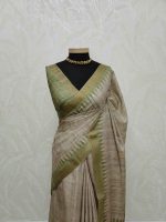 Jute silk saree with lines on the body portion and with contrast side boarder - Image 5