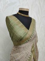 Jute silk saree with lines on the body portion and with contrast side boarder - Image 7
