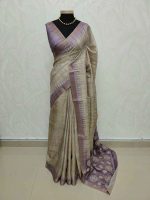 Jute silk saree with lines on the body portion and with contrast side boarder - Image 3