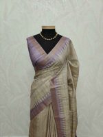 Jute silk saree with lines on the body portion and with contrast side boarder - Image 2