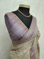 Jute silk saree with lines on the body portion and with contrast side boarder - Image 4